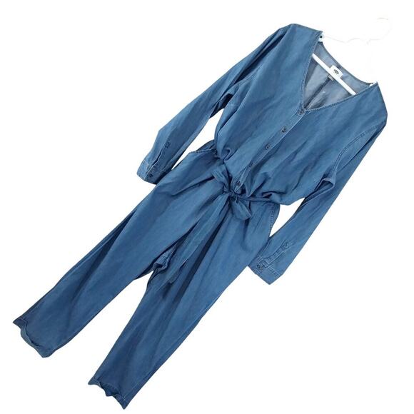 OLD NAVY! BLUE CHAMBRAY LIGHTWEIGHT, BELTED TIE WAIST JUMPSUIT, ONESIE! SZ XL - Picture 9 of 9